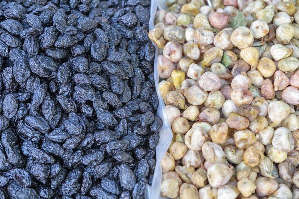 dried plums and dried figs on sale at the open-air market of Spalato, Dalmatia, Croatia