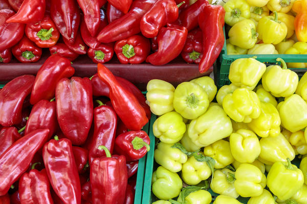 Red and yellow peppers on sale at the open-air market of Split, Dalmatia, Croatia