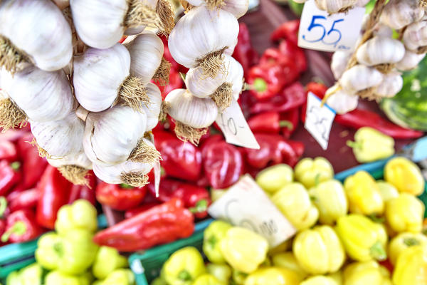 Garlic and peppers on sale at the open-air market of Split, Dalmatia, Croatia