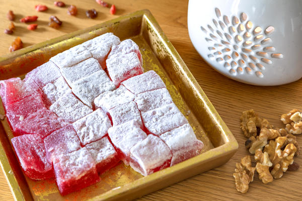 Mostar, Bosnia and Herzegovina. Turkish delight lokum in red color with powdered sugar