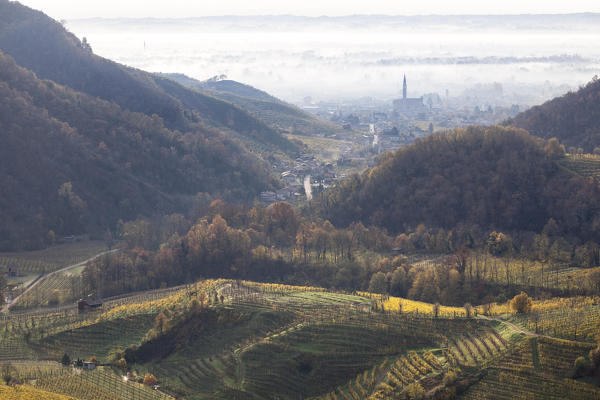 the village of Col San Martino (Farra di Soligo) as seen from the road of wine, Valdobbiadene, Treviso, Veneto, Italy