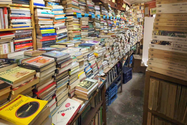 Interior of the Acqua Alta book shop in Sestiere Castello, Venice, Veneto, Italy