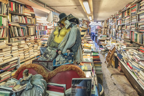 Interior of the Acqua Alta book shop in Sestiere Castello, Venice, Veneto, Italy