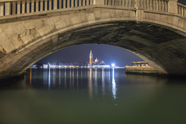 San Giorgio Maggiore churc as seen under a bridge on the Gran Canal, Venice, Veneto, Italy