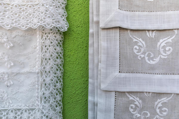 Hand made lace goods on sale in a boutique on Burano, Venice, Italy