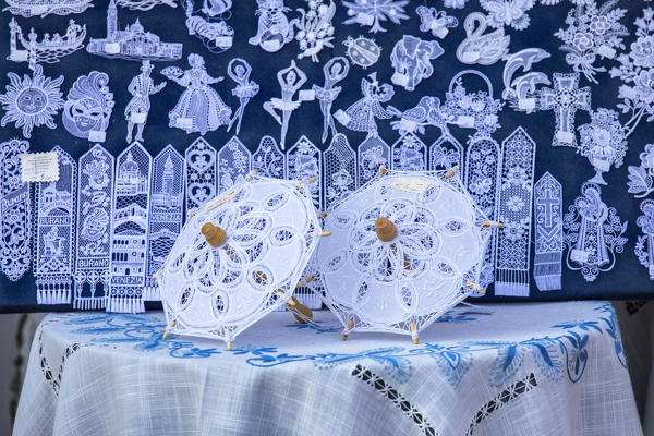Hand made lace goods on sale in a boutique on Burano, Venice, Italy