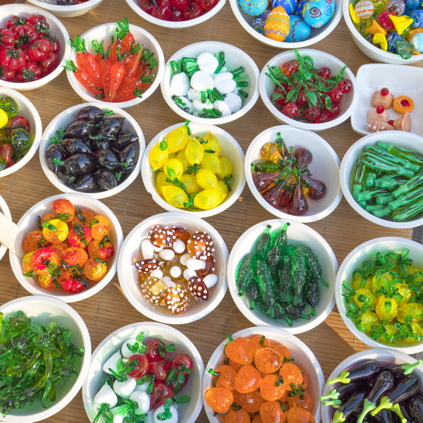 Decorative Glass souvenirs, vegetable and friut shaped, Murano, Venice, Veneto, Italy