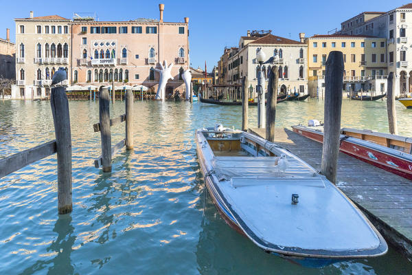 The art installation created by artist Lorenzo Quinn for Biennal 2017, Grand Canal, Venice, Veneto, Italy