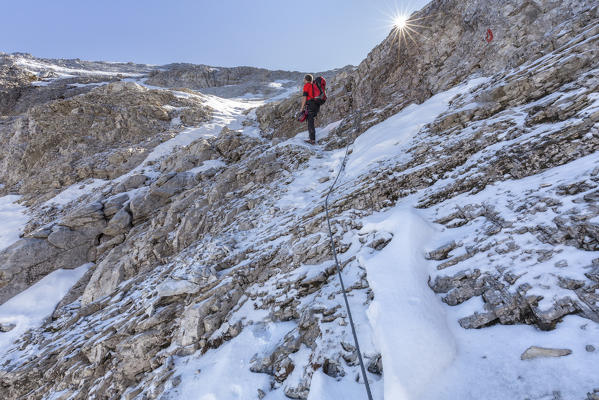 mountaineer near the peak of the mount Gr. Kinigat (Cavallino), Kartitsch, East Tyrol, Austria, Europe