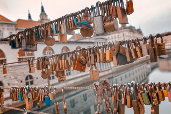 Love padlocks on the Butchers' Bridge, Ljubljana, Slovenia, Europe