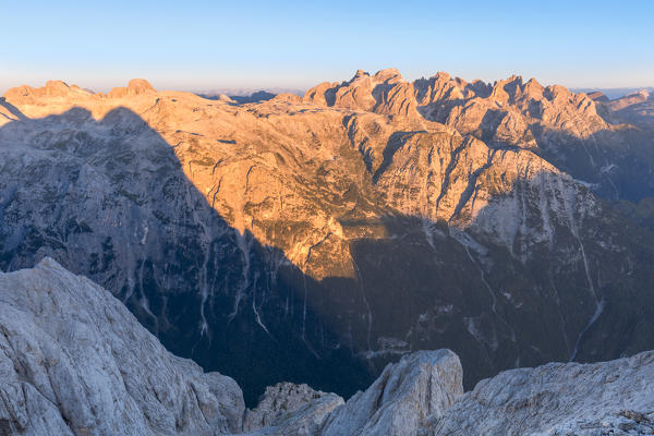 europe, Italy, Veneto, Agordino, landscape from mount agner to the Pale of san martino and the plateau, Dolomites