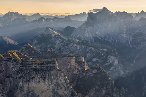Aerial view on the dolomites with Pale di San Lucano, Civetta, Tofane, Averau Nuvolau group, Conturines and others, agordino, belluno, veneto, italy