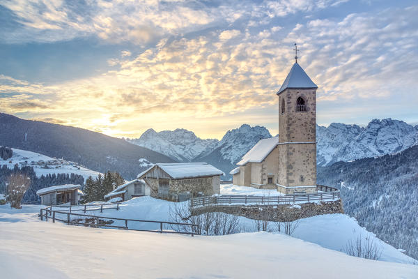 Europe, Italy, Veneto, Belluno. The small gothic church of Saint Leonard, Casamazzagno, Comelico Superiore. Dolomites