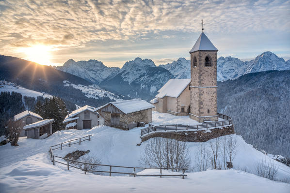 Europe, Italy, Veneto, Belluno. The small gothic church of Saint Leonard, Casamazzagno, Comelico Superiore. Dolomites