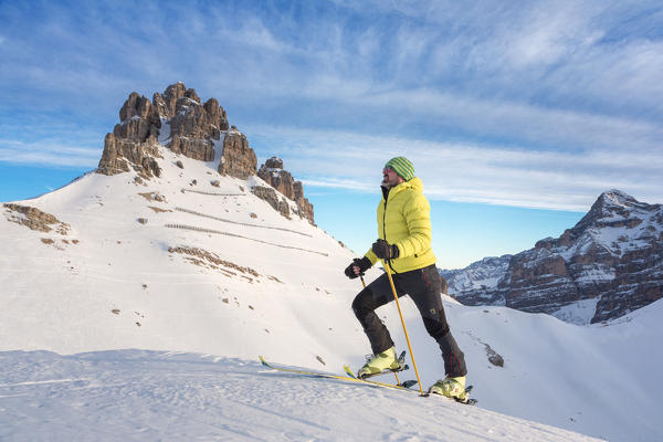 Ski-tourer in dolomites, Cortina d'Ampezzo, Belluno, Veneto, Italy (MR)