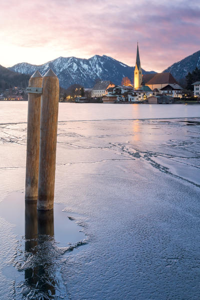Winter sunrise in Rottach-Egern with the frozen Tegernsee Lake, District Miesbach, Upper Bavaria, Germany, Europe