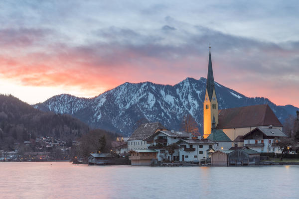 Winter sunrise in Rottach-Egern at Tegernsee Lake, District Miesbach, Upper Bavaria, Germany, Europe