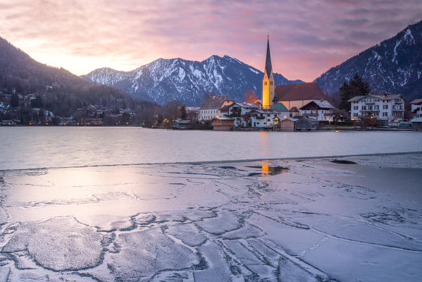 Winter sunrise in Rottach-Egern with the frozen Tegernsee Lake, District Miesbach, Upper Bavaria, Germany, Europe