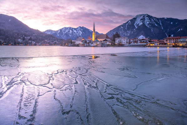 Winter sunrise in Rottach-Egern with the frozen Tegernsee Lake, District Miesbach, Upper Bavaria, Germany, Europe