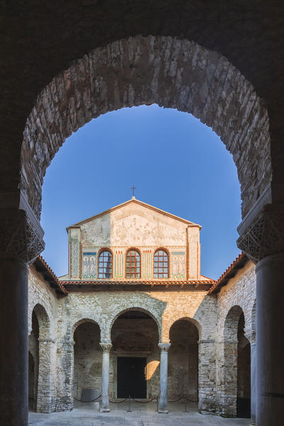 Porec - Parenzo, Euphrasian Basilica, arcades and tower view, unesco world heritage site, Istria, Adriatic coast, Croatia