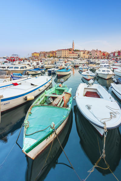 Rovinj - Rovigno, historic part of city with the Church of Saint Euphemia seen from the harbor, Istria, Adriatic coast, Croatia