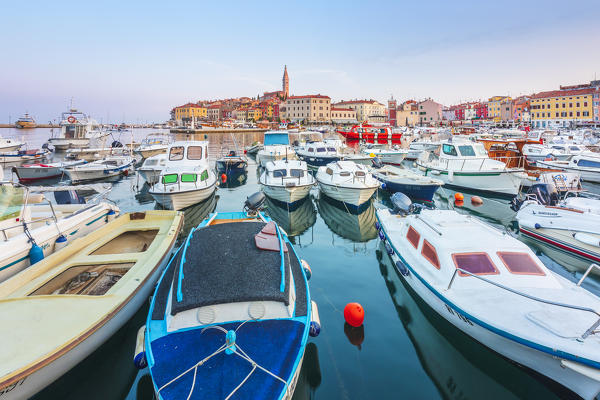 Rovinj - Rovigno, historic part of city with the Church of Saint Euphemia seen from the harbor, Istria, Adriatic coast, Croatia