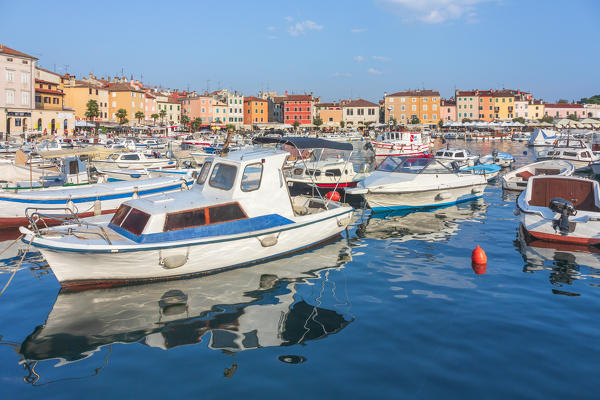 Harbour and marina in old town of Rovinj, Rovigno, Istria, Croatia