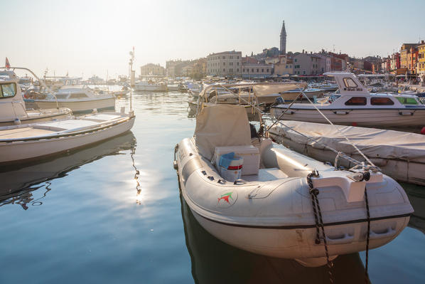 Rovinj - Rovigno, historic part of city with the Church of Saint Euphemia seen from the harbor, Istria, Adriatic coast, Croatia