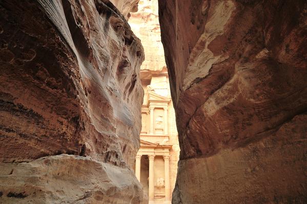 Petra, Jordan. The wonderful treasury  of Petra, view from the siq. 