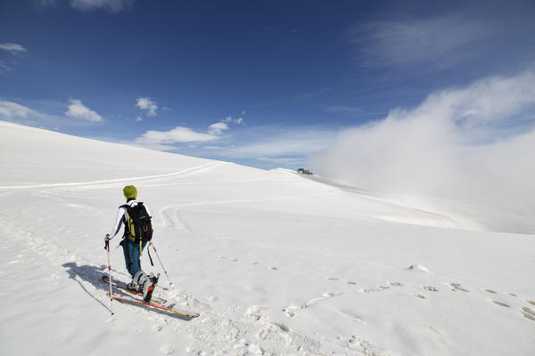 Pian mune,Po valley, Piedmont, Italy. Skier in the Po Valley