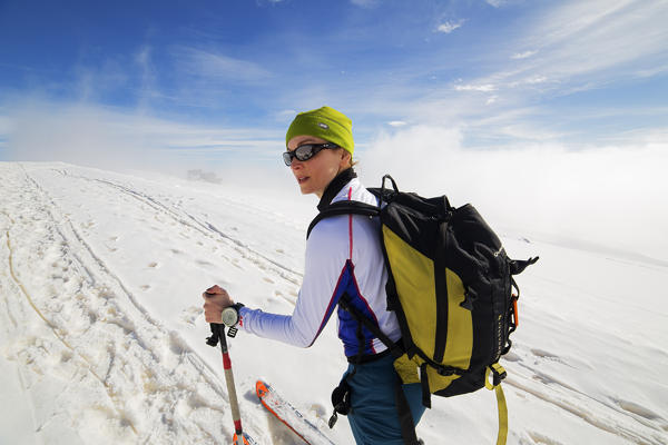 Pian mune,Po valley, Piedmont, Italy. Skier in the Po Valley