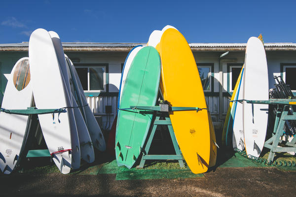 Colorful surfboards, Hanalei village, Kauai Island, Hawaii, USA
