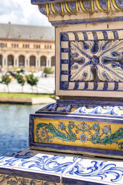 Details of Plaza de Espana azulejos. Seville, Andalucia, Spain