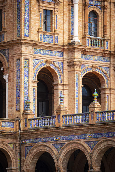 Details of Plaza de Espana azulejos. Seville, Andalucia, Spain