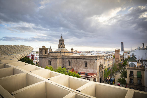 High view of Seville from Metropol Parasol public walking sculpture. Seville, Andalucia, Spain