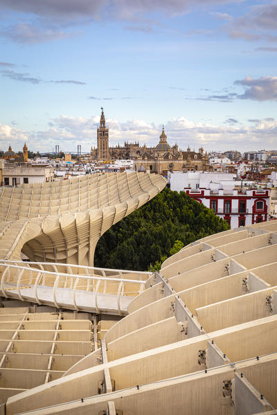 High view of Seville from Metropol Parasol public walking sculpture. Seville, Andalucia, Spain