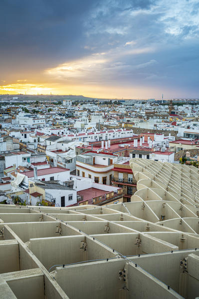 High view of Seville from Metropol Parasol public walking sculpture. Seville, Andalucia, Spain