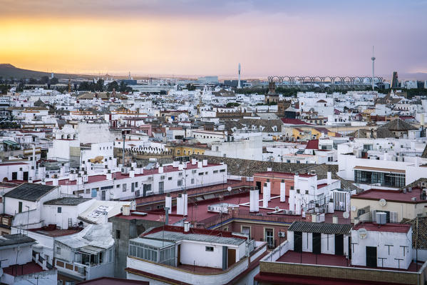 High view of Seville from Metropol Parasol public walking sculpture. Seville, Andalucia, Spain