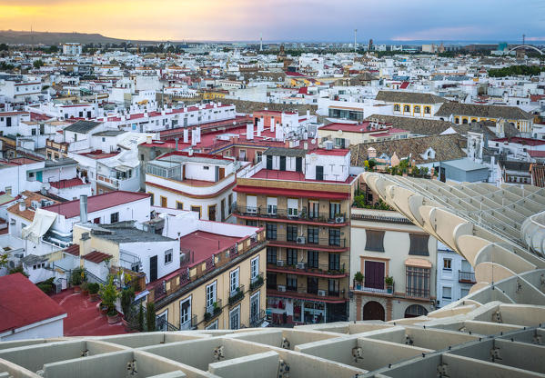 High view of Seville from Metropol Parasol public walking sculpture. Seville, Andalucia, Spain