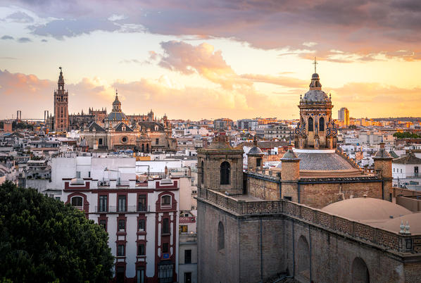 High view of Seville from Metropol Parasol public walking sculpture. Seville, Andalucia, Spain