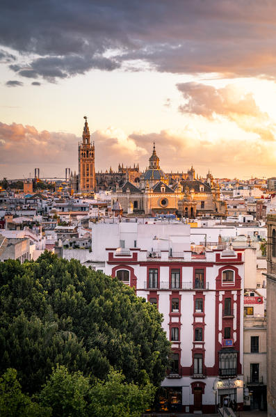 High view of Seville from Metropol Parasol public walking sculpture. Seville, Andalucia, Spain