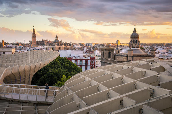 High view of Seville from Metropol Parasol public walking sculpture. Seville, Andalucia, Spain