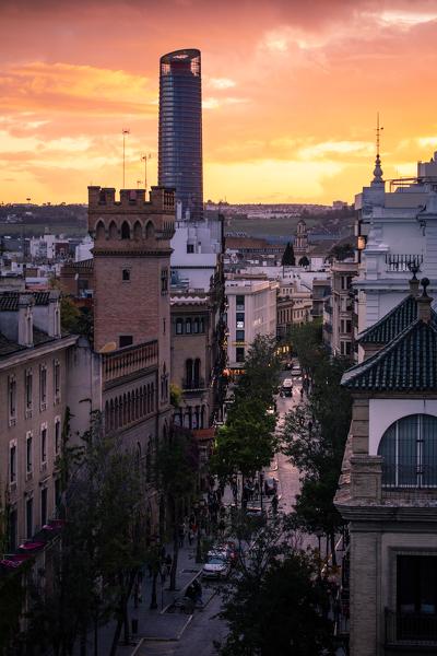 High view of Seville from Metropol Parasol public walking sculpture. Seville, Andalucia, Spain