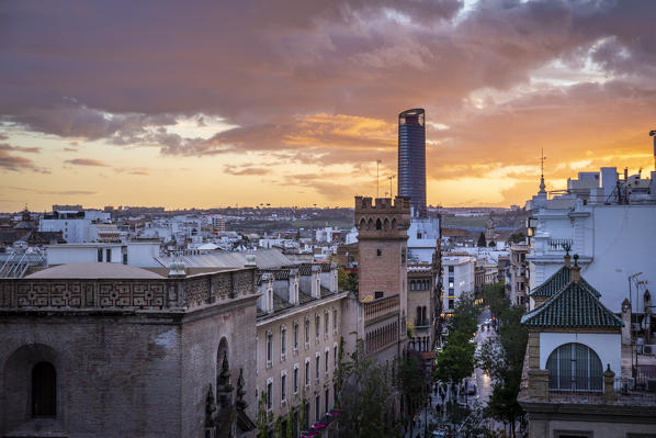 High view of Seville from Metropol Parasol public walking sculpture. Seville, Andalucia, Spain