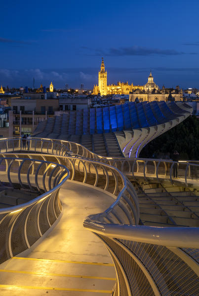 High view of Seville from Metropol Parasol public walking sculpture. Seville, Andalucia, Spain