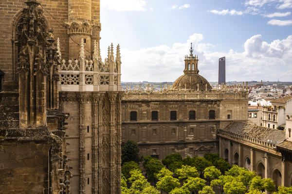 A high view of Seville Cathedral's Patio de los Naranjos, from Giralda Tower. Seville Cathedral, Seville, Andalucia, Spain