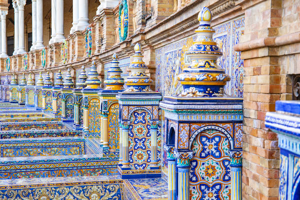 Details of Plaza de Espana azulejos. Seville, Andalucia, Spain