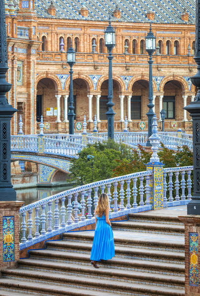 A girl walking in Plaza de Espana, Seville, Andalucia, Spain (MR)