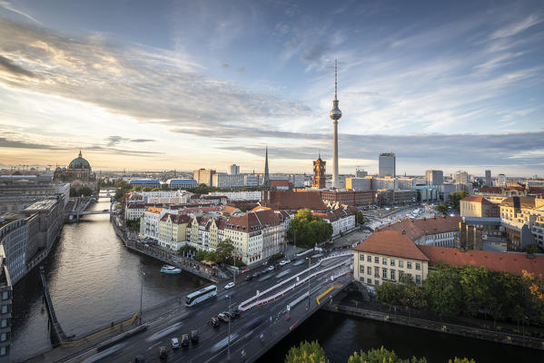 High view of Berlin Mitte district during sunset, with Fernsehturm tower. Mitte, Berlin, Germany