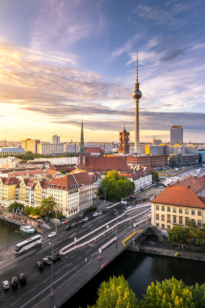 High view of Berlin Mitte district during sunset, with Fernsehturm tower. Mitte, Berlin, Germany